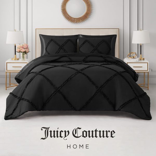 Juicy Couture Diamond Queen Comforter Set - Ruffle 3-Piece Machine Washable Reversible Bedding Comforter Set, Black diamond necklace
