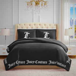 Juicy Couture - Comforter Set - Gothic Design Bedding - Full/Queen - 3 Piece Set Includes (1) 90" x 92" Comforter and (2) 20" x 26" Shams - Wrinkle Resistant - Premium Bedroom Decor - Black