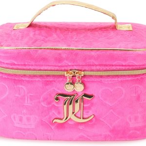 Juicy Couture Hot Pink Makeup Bag Cosmetics Organizer Travel Essentials Train Case Velour Heart Crown-0