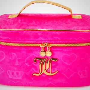 Juicy Couture Hot Pink Makeup Bag Cosmetics Organizer Travel Essentials Train Case Velour Heart Crown