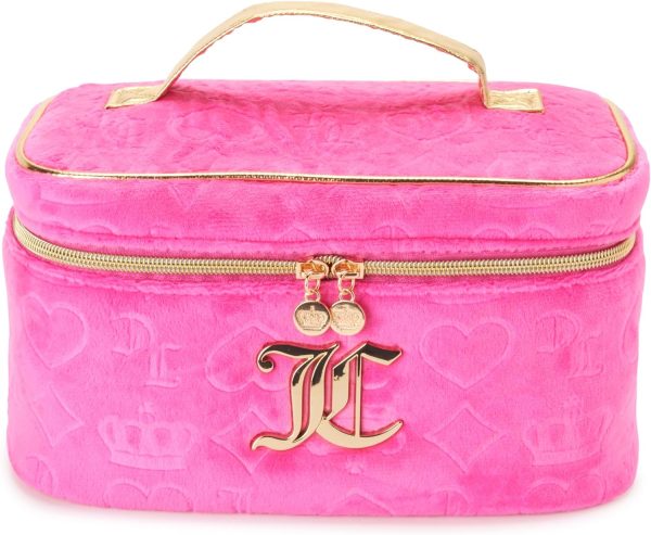 Juicy Couture Hot Pink Makeup Bag Cosmetics Organizer Travel Essentials Train Case Velour Heart Crown-0