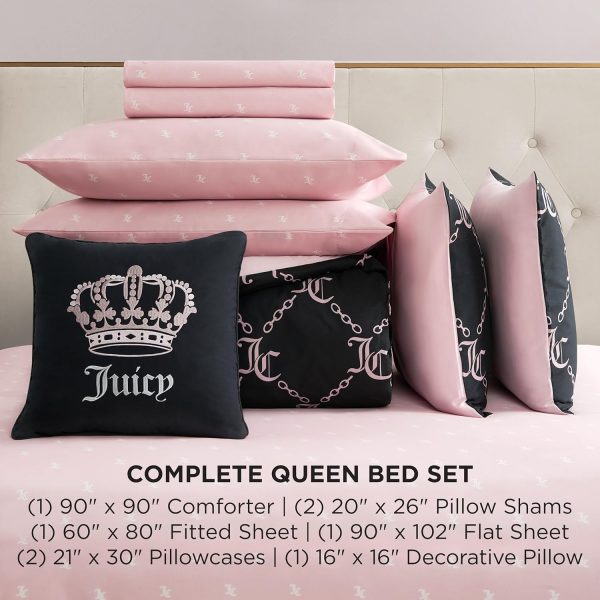 Juicy Couture Black Link Logo Printed Comforter Set, Queen – Complete 8-Piece Bed in a Bag Collection-1