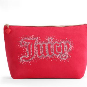 Juicy Couture Red Makeup Bag Cosmetics Organizer Travel Essentials Top Zip Pouch Rhinestone Velour couture mini clutch