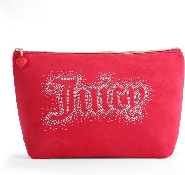 Juicy Couture Red Makeup Bag Cosmetics Organizer Travel Essentials Top Zip Pouch Rhinestone Velour couture mini clutch