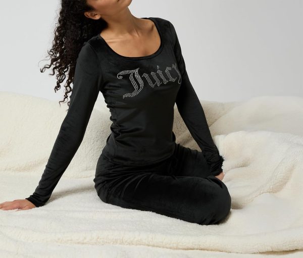 Juicy Couture Women's 2 Piece Velvet Fleece Long Sleeve Scoop Neck Fitted Top and Pants Lounge Sleepwear Set-4