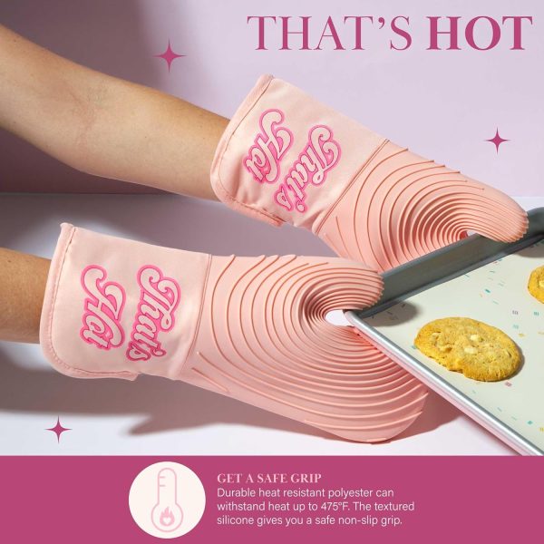 Paris Hilton Oven Mitt Set with Iconic That's HOT Design, Heat Resistant Pot Holders Featuring Non-Slip Textured Silicone Grips, 2-Piece Set, Pink oven gloves