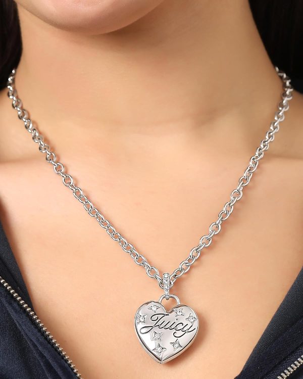 Juicy Couture Puffy Heart Necklace for Women 18"+2", Fashion Constellation Heart Necklace with Clear Stones and Logo-2