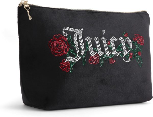 Juicy Couture Black Makeup Bag Cosmetics Organizer Travel Essentials Top Zip Pouch Velour Rhinestone Roses makeup remover