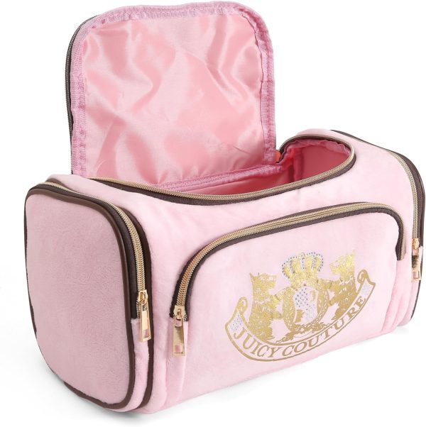Juicy Couture Pink Makeup Bag Cosmetics Organizer Travel Essentials Duffel Velour Gold Terrier Dog Rhinestone Crown makeup bag with