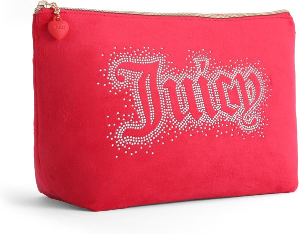 Juicy Couture Red Makeup Bag Cosmetics Organizer Travel Essentials Top Zip Pouch Rhinestone Velour juicy couture