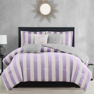 Juicy Couture Cabana Stripe Reversible Bedding Set - Queen/Full Size - Lavender/White Stripe Print – 6 Piece Set – Includes 1 90" x 90" Comforter, 3 Decorative Pillows, 2 Shams-0