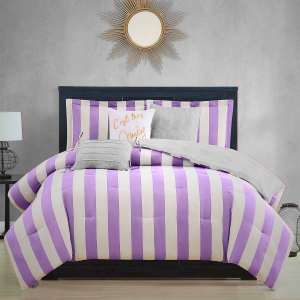 Juicy Couture Cabana Stripe Reversible Bedding Set - Queen/Full Size - Lavender/White Stripe Print – 6 Piece Set – Includes 1 90" x 90" Comforter, 3 Decorative Pillows, 2 Shams