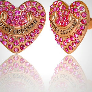 Juicy Couture Logo Heart Stud Earrings for Women with Stone Embellishments, Rhodium or Gold-Tone Heart Earrings, Juicy Gifts