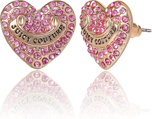 Juicy Couture Logo Heart Stud Earrings for Women with Stone Embellishments, Rhodium or Gold-Tone Heart Earrings, Juicy Gifts-0