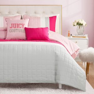 Juicy Couture Color Blocked Full/Queen Striped 5-Piece Comforter Set - Pink/White/Grey Designer Bedding Set full size bed dimensions