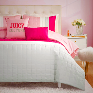 Juicy Couture Color Blocked Full/Queen Striped 5-Piece Comforter Set - Pink/White/Grey Designer Bedding Set