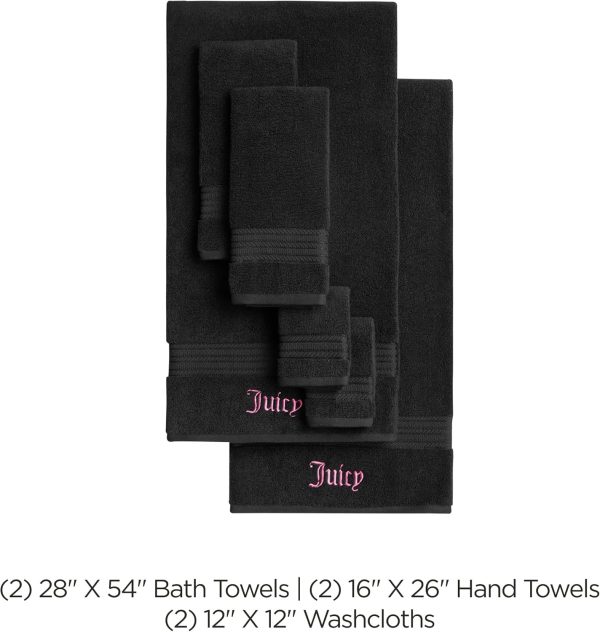 Juicy Couture Alyssa Luxurious 6 Piece Bath Towel Set - (2) Bath Towels, (2) Hand Towels, and (2) Washcloths - Black Premium Bathroom Towel Set juicy juice