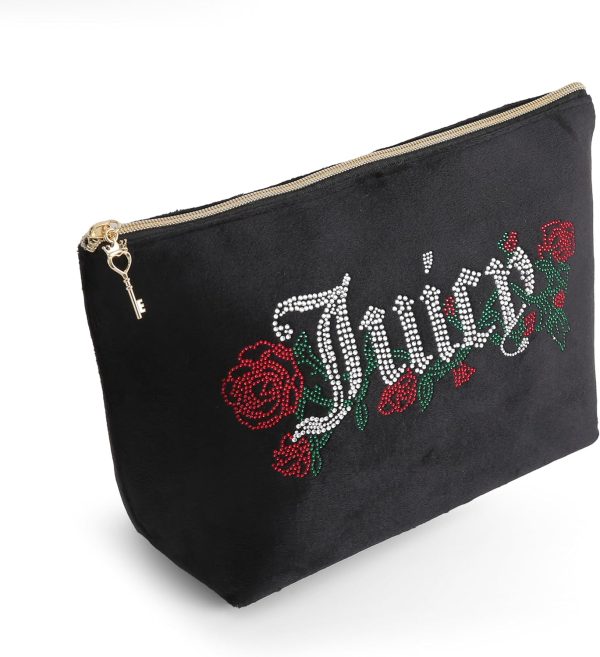 Juicy Couture Black Makeup Bag Cosmetics Organizer Travel Essentials Top Zip Pouch Velour Rhinestone Roses-3