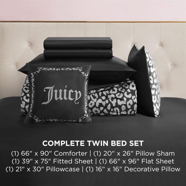 Juicy Couture Modern Black Leopard Satin Twin Comforter Set - Luxury Bed in a Bag – Soft & Stylish 6-Piece Bedding Collection modern family