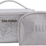 Juicy Couture Silver Makeup Bag Cosmetics Organizer Travel Essentials Train Case Coin Purse Glitter Rhinestone Velour couture club