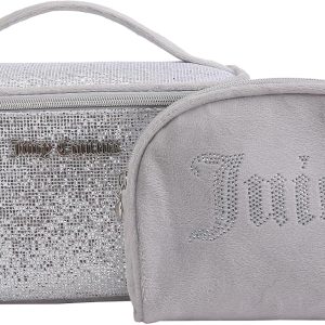 Juicy Couture Silver Makeup Bag Cosmetics Organizer Travel Essentials Train Case Coin Purse Glitter Rhinestone Velour couture club