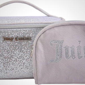 Juicy Couture Silver Makeup Bag with Glitter Rhinestone Velour Design