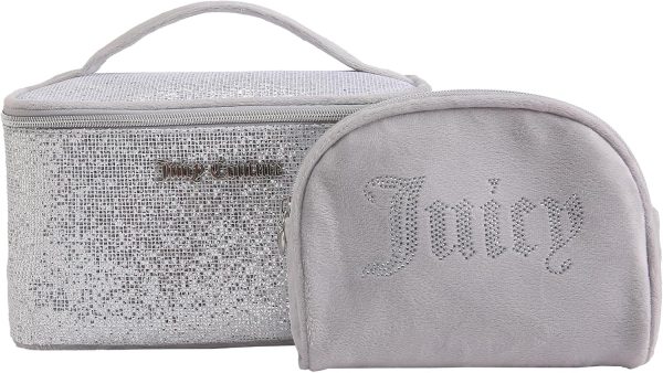 Juicy Couture Silver Makeup Bag Cosmetics Organizer Travel Essentials Train Case Coin Purse Glitter Rhinestone Velour couture club