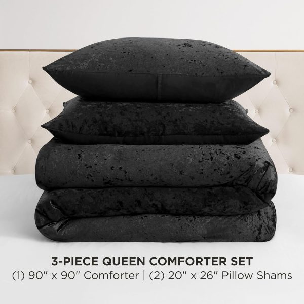 Juicy Couture Crushed Velvet Queen Comforter and Sham Set, 3-Piece Full/Queen Bedding Set - (1) 90"x90" Comforter and (2) 20"x26" Sham - Black queen mary