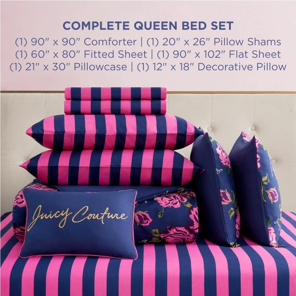 Juicy Couture Rose Logo Queen Comforter Set, Navy/Pink – 8-Piece Complete Bed in a Bag juicy beauty