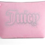 Juicy Couture Pink Makeup Bag Cosmetics Organizer Travel Essentials Top Zip Pouch Rhinestone Velour makeup remover
