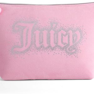 Juicy Couture Pink Makeup Bag Cosmetics Organizer Travel Essentials Top Zip Pouch Rhinestone Velour makeup remover