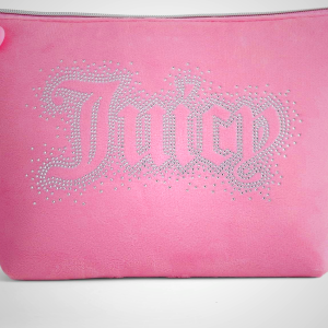 Juicy Couture Pink Makeup Bag Cosmetics Organizer Travel Essentials Top Zip Pouch Rhinestone Velour