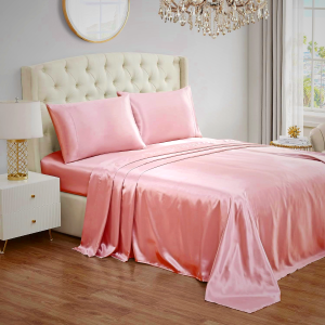 Juicy Couture Queen Size Satin Bed Sheet Set, Deep Pocket Silky Satin Queen Sheet Set with 1 Fitted Sheet, 1 Flat Sheet and 2 Pillow Case, Wrinkle Resistant and Anti Pilling - Pink