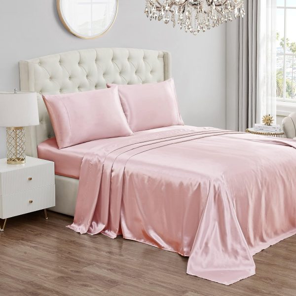 Juicy Couture Queen Size Satin Bed Sheet Set, Deep Pocket Silky Satin Queen Sheet Set with 1 Fitted Sheet, 1 Flat Sheet and 2 Pillow Case, Wrinkle Resistant and Anti Pilling - Pink queen mary dark harbor