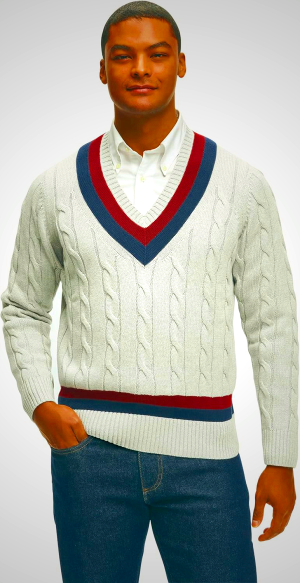 Brooks Brothers Men's Long Sleeve V-Neck Supima Cotton Half-Zip Tennis Sweater, Grey, Large