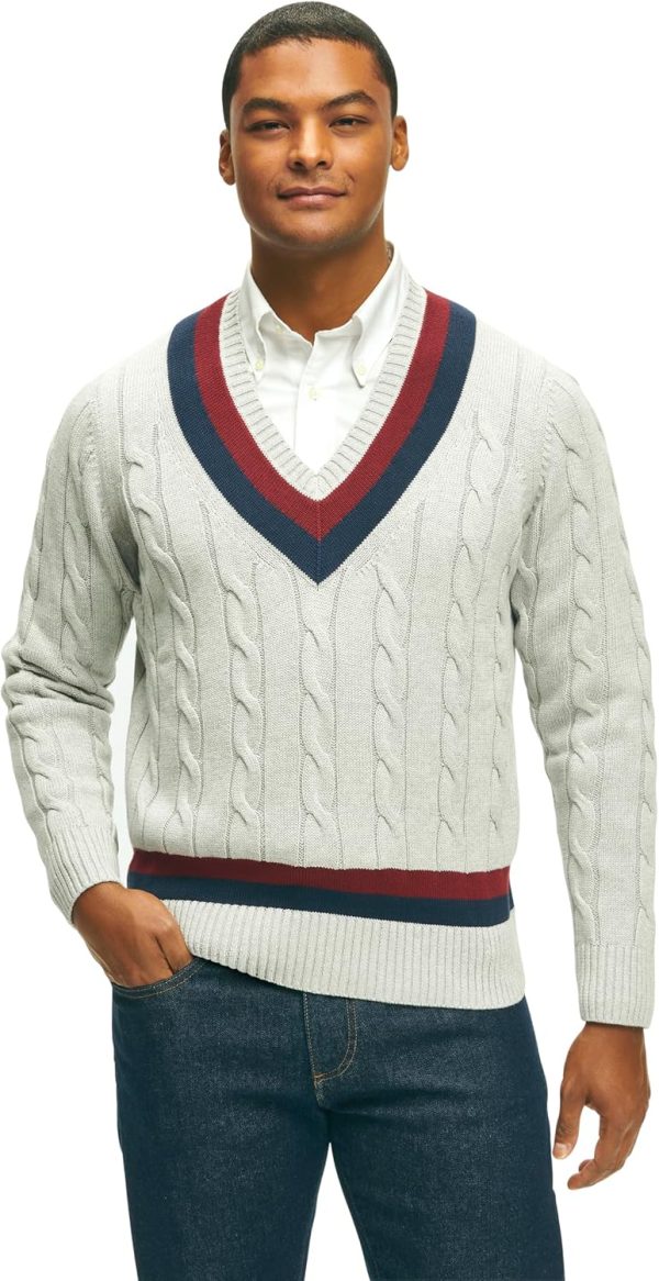 Brooks Brothers Men's Long Sleeve V-Neck Supima Cotton Half-Zip Tennis Sweater, Grey, Medium skims