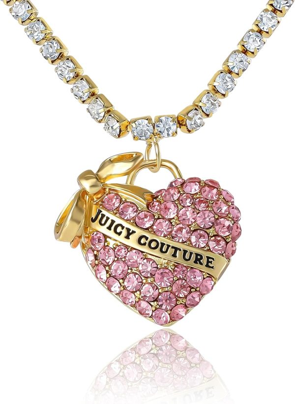 Juicy Couture Clear and Pink Pave Crystal Heart Tennis Necklace 16"+2", Heart Jewelry, Juicy Gifts pink salt