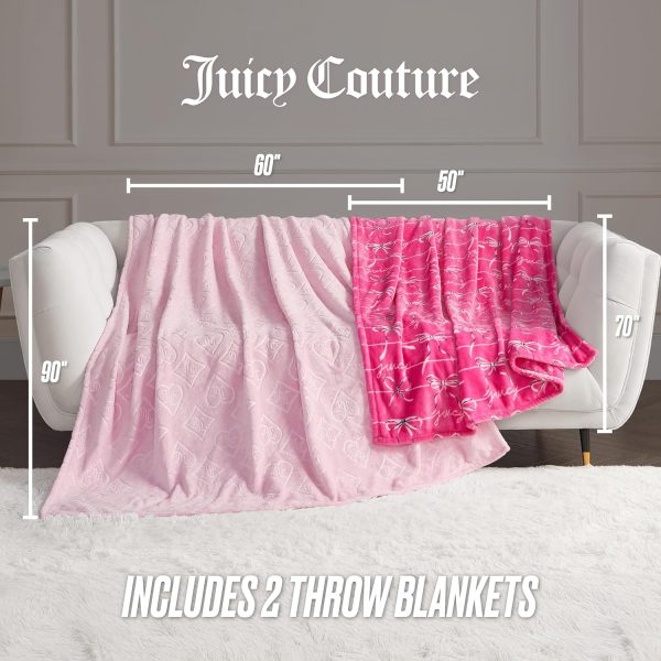 Juicy Couture Plush Throw Blanket Set - 2 Piece Set: 50" x 70" & 60"x 90", Royal Embossed/Bow couture font