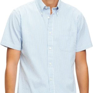 Brooks Brothers Men's Short Sleeve Button Down Washed Cotton Seersucker Stripe Sport Shirt, Blue Stripe, Large-0