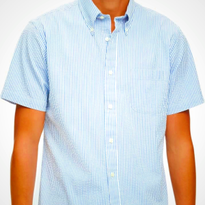Brooks Brothers Men's Short Sleeve Button Down Washed Cotton Seersucker Stripe Sport Shirt, Blue Stripe, Large