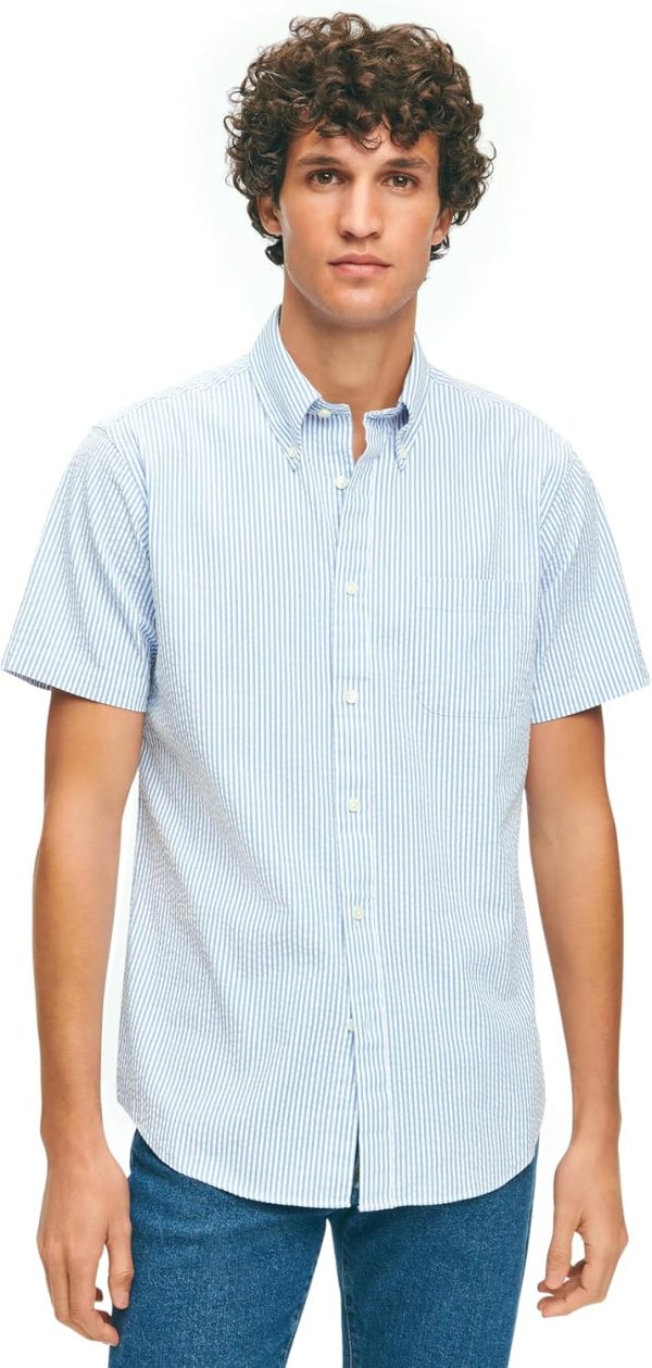 Brooks Brothers Men's Short Sleeve Button Down Washed Cotton Seersucker Stripe Sport Shirt, Blue Stripe, Large-0