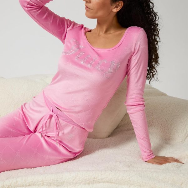 Juicy Couture Women's 2 Piece Velvet Fleece Long Sleeve Scoop Neck Fitted Top and Pants Lounge Sleepwear Set-4