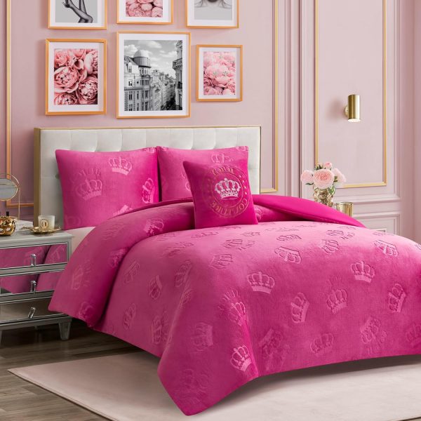 Juicy Couture Plush Reversible Embossed Crown 4-Piece Full/Queen Comforter Set with Decorative Pillow, Hot Pink juicy juice