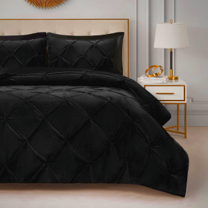 Juicy Couture Kiss Pleat Plush Micromink Black Full/Queen Comforter Set - Cozy 3 Piece Bedding Ensemble