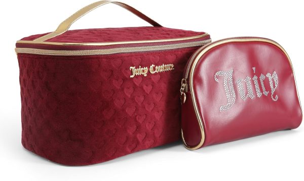 Juicy Couture Red Makeup Bag Cosmetics Organizer Travel Essentials Train Case Coin Purse Velour Heart Faux Leather Rhinestone redfin