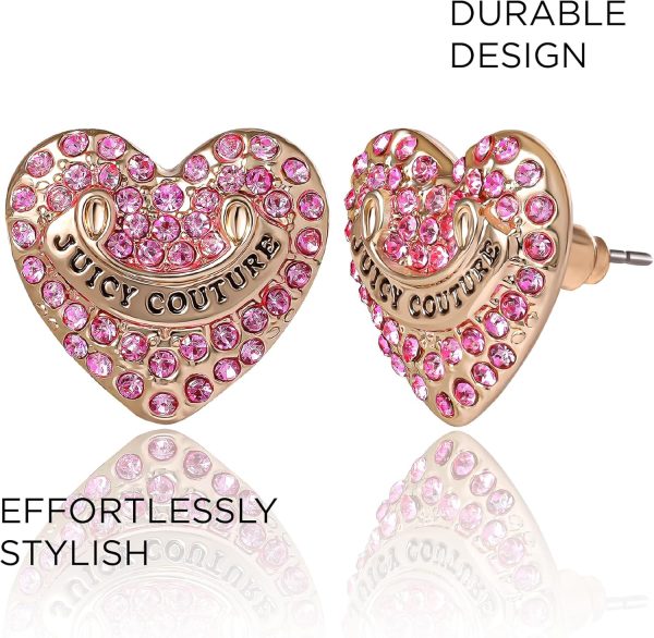 Juicy Couture Logo Heart Stud Earrings for Women with Stone Embellishments, Rhodium or Gold-Tone Heart Earrings, Juicy Gifts-4