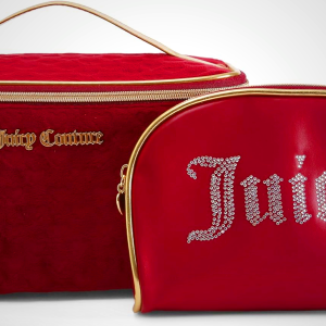 Juicy Couture Red Makeup Bag Cosmetics Organizer Travel Essentials Train Case Coin Purse Velour Heart Faux Leather Rhinestone