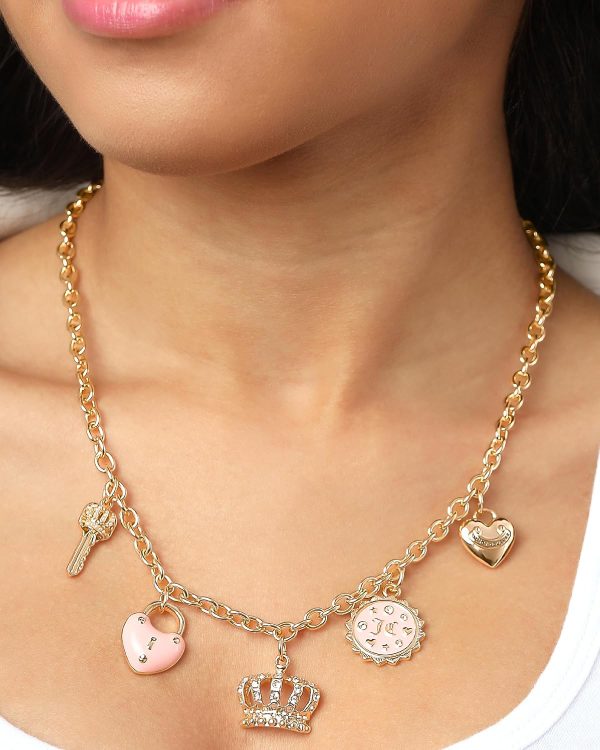 Juicy Couture Charm Necklace for Women, 16-18"+2" Gold-Tone Necklace Juicy Logo Charms with Pink Enamel and Clear Crystals-1