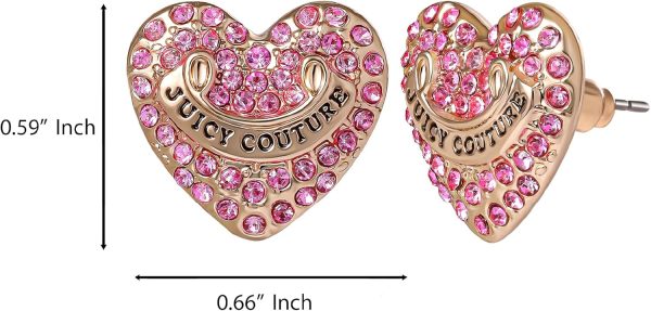 Juicy Couture Logo Heart Stud Earrings for Women with Stone Embellishments, Rhodium or Gold-Tone Heart Earrings, Juicy Gifts-3