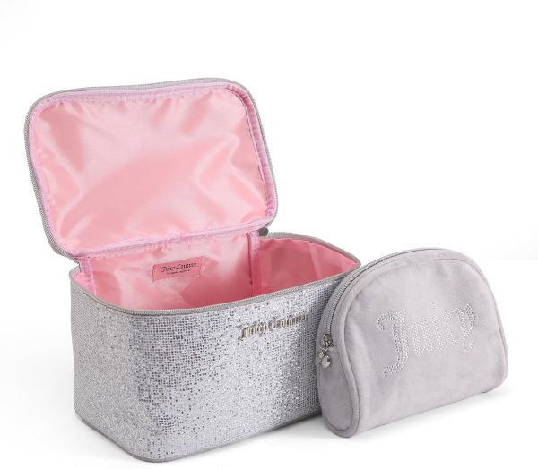 Juicy Couture Silver Makeup Bag Cosmetics Organizer Travel Essentials Train Case Coin Purse Glitter Rhinestone Velour bagel